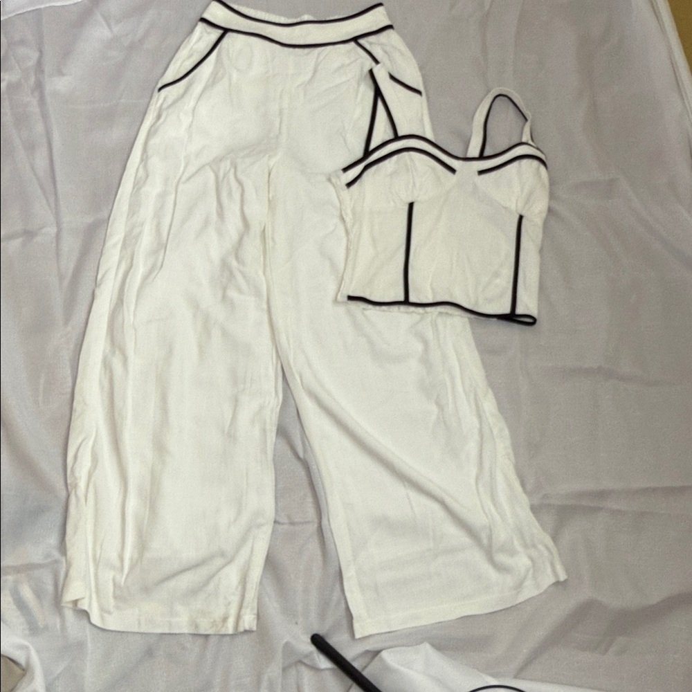 White Crop Bustier Top and Wide-Leg Pants Set with Black Piping